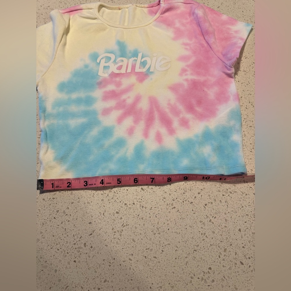Barbie Adult Medium Tie-Dye Cropped T-Shirt - Pink, Blue, and Cream - Picture 5 of 6